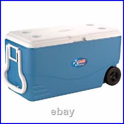 100 Quart Heavy Duty Sit-On Camping Cooler with Wheels & Drain (White/Blue)