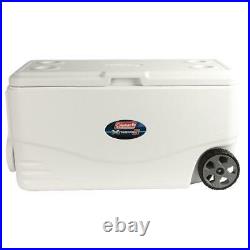 100 Quart Heavy Duty Sit-On Camping Cooler with Wheels & Drain (White/Blue)