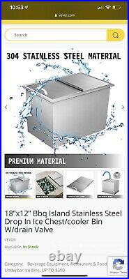 18X12 BBQ Island Stainless Steel Drop in Ice Chest/Cooler Bin WithDrain Valve