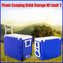 28L Multi Function Table Ice Cooler Picnic Camping Drink Storage Withchair x2 Blue