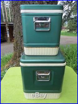2 Vintage Diamond Logo Coleman Green Coolers-both Are Real Nice-large And Small