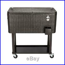 80QT Outdoor Rattan Party Rolling Cooler Cart with Tray Ice Beer Beverage Chest