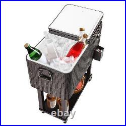 80QT Outdoor Rolling Cooler Cart Ice Beer Beverage Chest With Wheels Shelf Brown