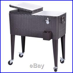 80QT Outdoor Rolling Cooler Cart Rattan Party Portable Ice Beer Beverage Chest