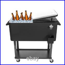 80QT Rolling Warm Cooler Food Cart Ice Chest Party Outdoor Garden Camping Black