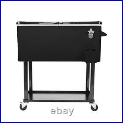 80QT Rolling Warm Cooler Food Cart Ice Chest Patio Outdoor Drink Party BBQ Black