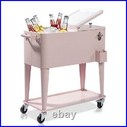 80Qt Rolling Cooler Ice Chest Cart for Outdoor Patio Party Pink Rolling Cooler