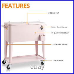 80Qt Rolling Cooler Ice Chest Cart for Outdoor Patio Party Pink Rolling Cooler