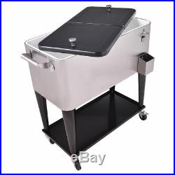 80Qt Rolling Outdoor Patio Drink Beverage Cooler Ice Chest Stainless Steel Black