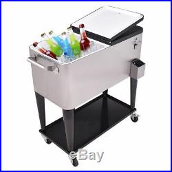 80Qt Rolling Outdoor Patio Drink Beverage Cooler Ice Chest Stainless Steel Black