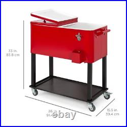 80Qt Steel Rolling Cooler Cart with Bottle Opener Catch Tray and Drain Plug Red