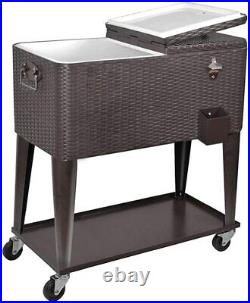 80Quart Rolling Cooler Ice Chest Cart for Outdoor Patio Party Rattan Tub Trolley