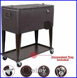 80Quart Rolling Cooler Ice Chest Cart for Outdoor Patio Party Rattan Tub Trolley