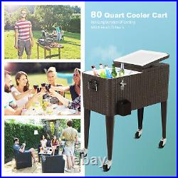 80 QT Cooler Cart Portable Rolling Ice Beer Chest Drink Wheels Patio Party Bar