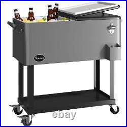80 QT Patio Rolling Party Cooler On Wheels, Beverage Cart, Rolling Ice Chest