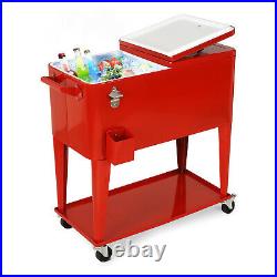 80 QT Portable Patio Rolling Cooler Cart Ice Chest Party Cold Beer Drink Bar Red