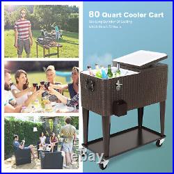 80 QT Portable Rolling Cooler Cart Ice Chest Party Bar Cold Drink with Shelf Brown