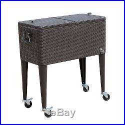 80 QT Rolling Ice Chest Portable Patio Party Drink Cooler Cart Brown Wicker