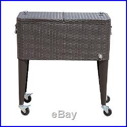 80 QT Rolling Ice Chest Portable Patio Party Drink Cooler Cart Brown Wicker