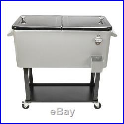 80 QT Stainless Steel Standing Wheeled Cooler with Shelf Travel Lunch Ice Food