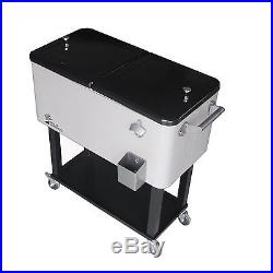 80 Qt Ice Chest Stainless Steel Cooler Rolling Shelf Bottle Opener Drain Patio