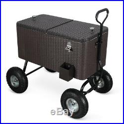 80 Qt Outdoor Backyard Patio Ice Chest Wagon with 10' All Terrain Wheels, Rattan