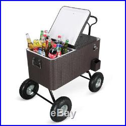 80 Qt Outdoor Backyard Patio Ice Chest Wagon with 10' All Terrain Wheels, Rattan