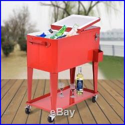 80 Qt Portable Steel Red Patio Deck Party Beer Wine Cooler Cart Ice Chest Wheels