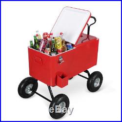 80 Qt Rolling Cold Drink Wagon Cooler with Built-In Bottle Opener and Catch Tray