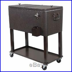 80 Quart Rattan Rolling Cooler Cart with Wheels Drink Beverage Bar Ice Chest