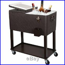80 Quart Rattan Rolling Cooler Cart with Wheels Drink Beverage Bar Ice Chest