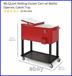 80 Quart Rolling Cooler Cart With Bottle Opener and Catch Tray