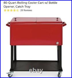 80 Quart Rolling Cooler Cart With Bottle Opener and Catch Tray