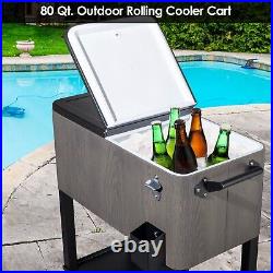 80 Quart Rolling Cooler Cart with Shelf, Outdoor Beverage Cooler for Party, Grey