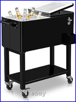 80 Quart Rolling Ice Chest on Wheels, Portable Patio Party Bar Drink Cooler Cart