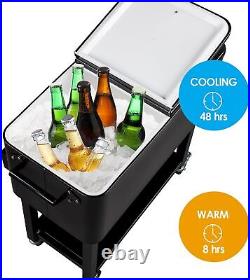 80 Quart Rolling Ice Chest on Wheels, Portable Patio Party Bar Drink Cooler Cart