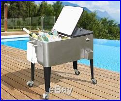 80 Quart Stainless Steel Wheeled Soda Beverages Cooler Cart Ice Beer Party Chest