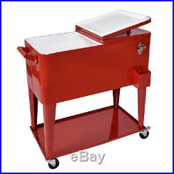 80 qt Outdoor Portable Rolling Patio Cooler Cart Steel Ice Chest Home Party Red