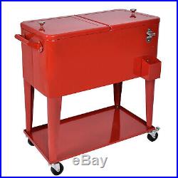 80 qt Outdoor Portable Rolling Patio Cooler Cart Steel Ice Chest Home Party Red