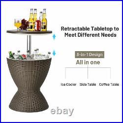 8-Gal Patio Ice Cooler Bucket Cool Bar Side Table with Retractable Tabletop Brown