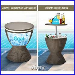 8 Gallon 3 in 1 Patio Rattan Cooler Bar Table Adjust Ice Bucket Side Table Brown