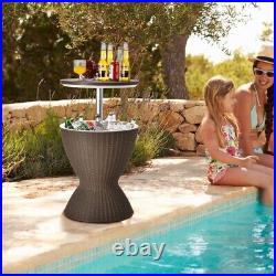 8 Gallon 3 in 1 Patio Rattan Cooler Bar Table Adjust Ice Bucket Side Table Brown