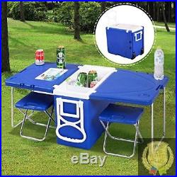 AMAZING Rolling Cooler Bag With Table and Chair Wheels for Camping Beach Folding