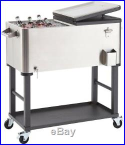 Beverage Drink Cooler Ice Cart Stainless Steel Party Wheeled with Detachable Tub