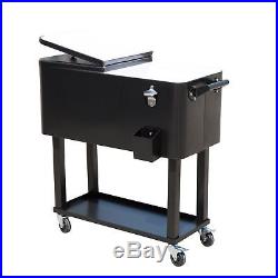 Black 80 Qt Ice Chest Rolling Party Cooler Portable Steel Dual Lid Patio Outdoor