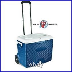 Blue Wheeled Cooler 45 Qt. Portable w. Wheels, Split Lid, Cup Holder Picnic Trip