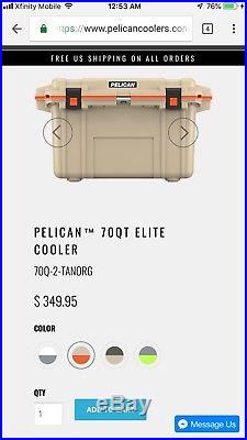 Brand New Pelican Cooler 70QT Elite, Tan with Orange Trim 70Q-2-TANORG