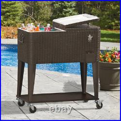 Clevr Outdoor Patio Rolling Cooler 80 Qt Wicker Ice Beer Chest Cart Brown Rattan