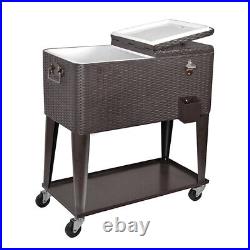 Clevr Outdoor Patio Rolling Cooler 80 Qt Wicker Ice Beer Chest Cart Brown Rattan