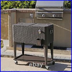 Clevr Outdoor Patio Rolling Cooler 80 Qt Wicker Ice Beer Chest Cart Brown Rattan